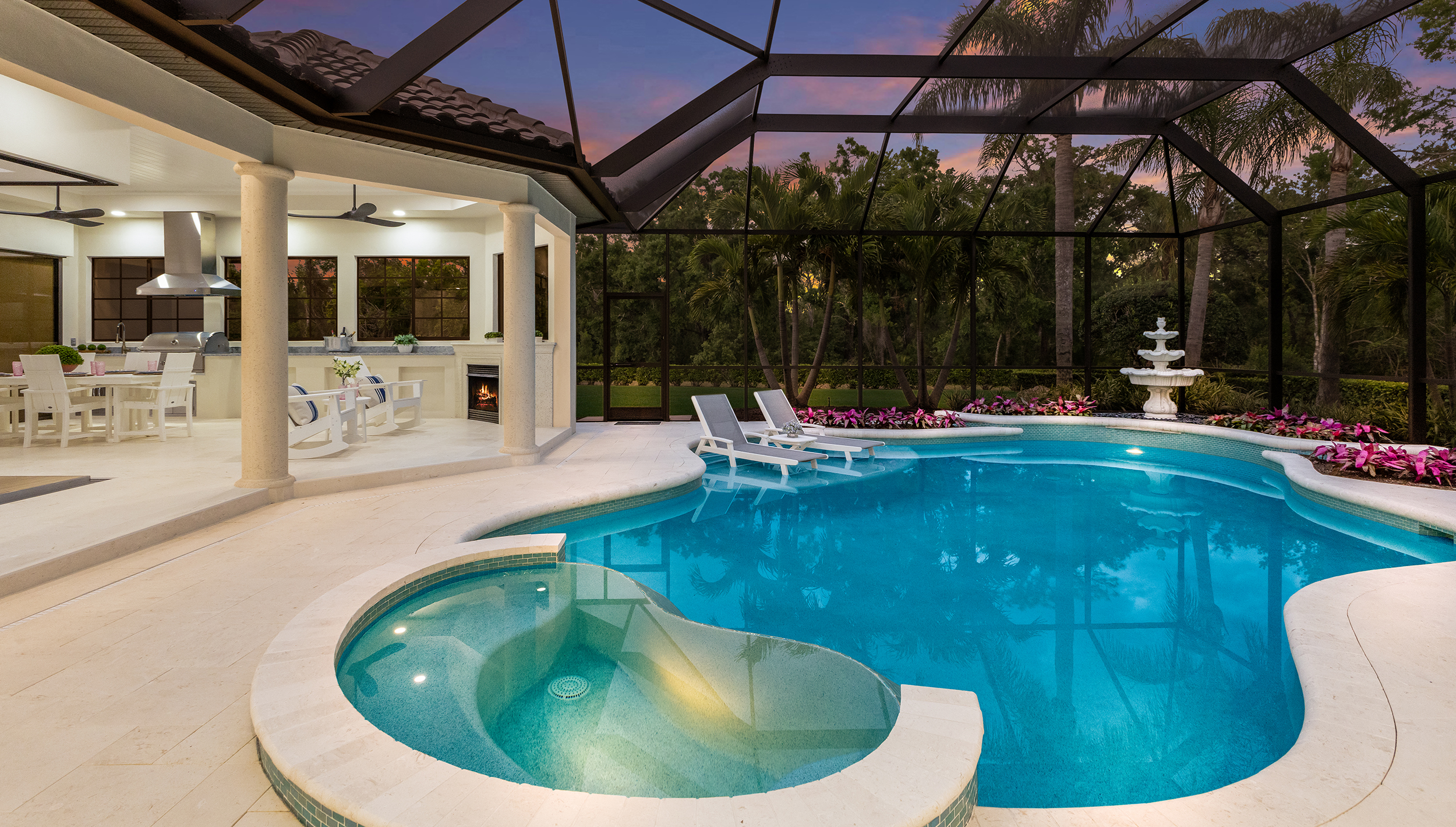 The home’s outdoor living area is great for family entertaining. You’ll find a complete kitchen with a gas grill. The resurfaced pool features new waterline tile and shell stone pavers. The pool cage has been rescreened and repainted.