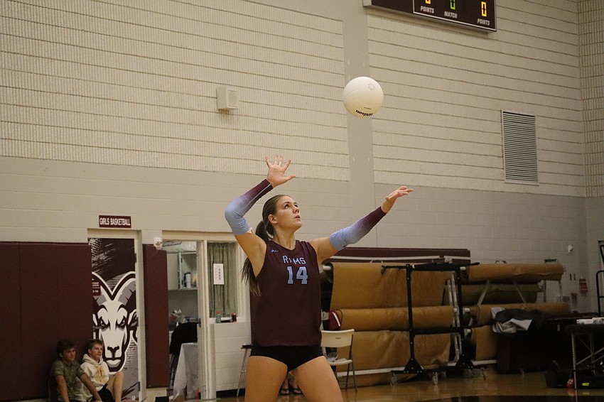 Right setter/outside hitter/middle blocker Jadyn Brester goes for a serve during a Sept. 4 match against Bradenton Christian. The senior is one of seven for the Rams in 2025.